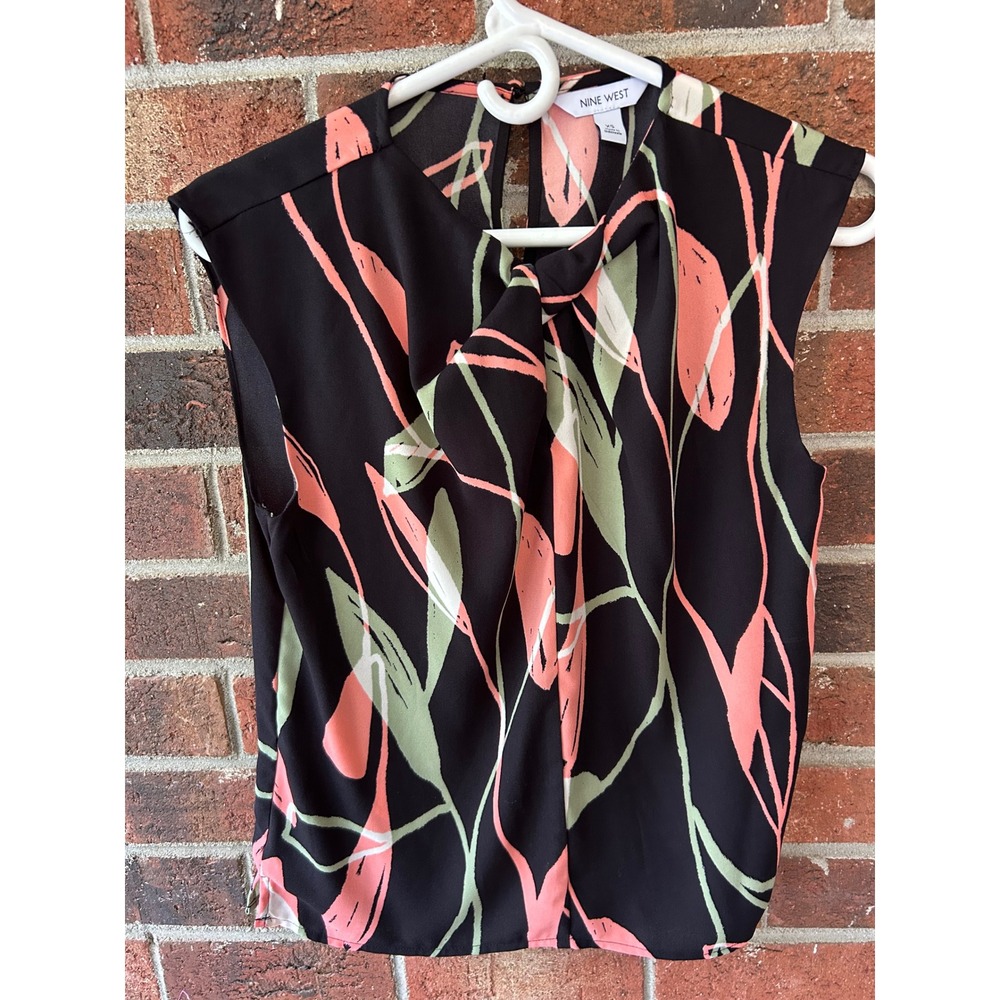 Nine West Womens XS Sleeveless Twist Neck Abstract Floral Blouse Black Pink
